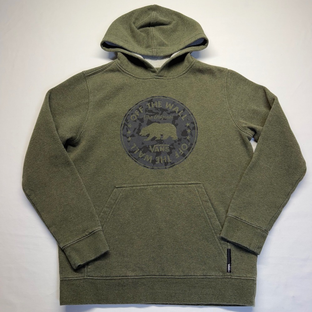 Vans Bear Graphic Hoodie Kids M Olive Green Off The Wall Skate Pullover